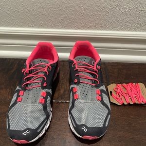 On sneakers black white and neon pink size 6 1/2